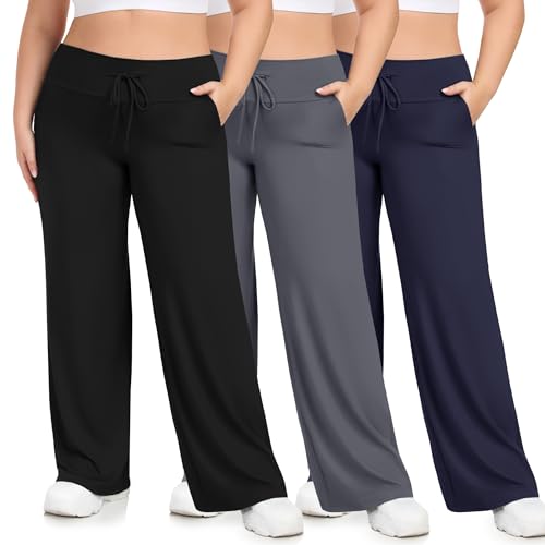 HLTPRO 3 Pack Lounge Pants Women Plus Size Wide Leg Pants Woman with Pockets Casual Pajama Palazzo Black Pant for Yoga