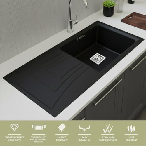 Image of EVANEX Quartz Sink for Kitchen|36x18x9 inch Kitchen Sink with Drain Board|Granite Sink for Kitchen Basin|Black Quartz Kitchen Sink with Connector, Waste Pipe, Coupling and Drain Basket