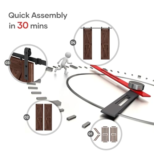 ROYMELO 48x84 inch (Double 24×84 inch Door) Sliding Barn Wood Door Slab with 8ft Hardware Kit and Handle, Coffee, K Shape, Simple DIY Assembly
