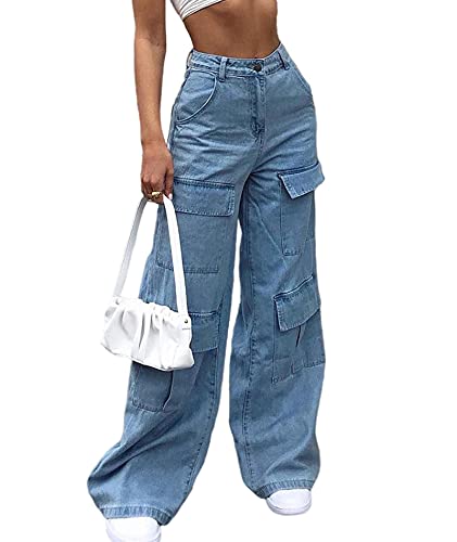 SEMATOMALA Women's Multi-Pockets Baggy Denim Jeans Pants Hip Hop Dance Y2K E-Girls Loose Flare Wide Leg Trousers Streetwear