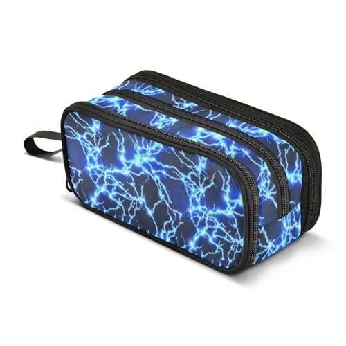 Image of Lightning Blue Pencil Case Big Capacity Handheld 3 Compartments Pencil Pouch Portable Large Storage Canvas Pencil Bag for Boys Girls Adults Students