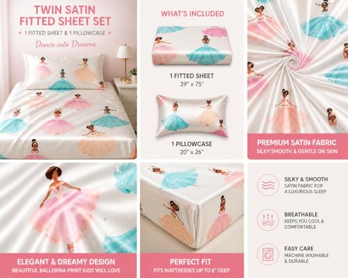 Image of Satin Twin Fitted Sheet Set,Ballerina design, Silky Soft Sheet, Deep Pocket Fitted Sheet (39 inch x 75 inch) with 1 Pillowcase (20 inch x 26 inch), Lightweight Breathable Satin Sheets for Kids & Adults