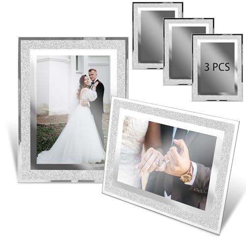 AZKEEGREY 3er-Set Glas Bilderrahmen 15x20, Silber Glitter Fotorahmen, Photo Frame Rahmen für Baby, Familienfotos, Hochzeitsfotos