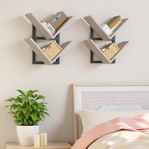 Image of HOOBRO Floating Shelves for Wall, Set of 2 Wall Mounted Shelves, 2-Tier Wooden Hanging Shelves Storage Racks, Tree Bookshelves, for Living Room, Bedroom, Office, Greige and Black BG55BJP201