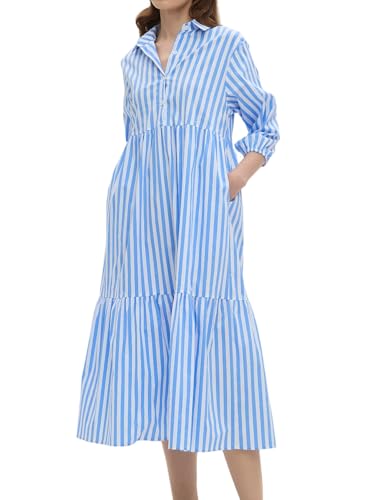 Image of EZAPINE Womens Babydoll Striped Shirt Midi Dress Puff Long Sleeve Collared Button Tunic Flowy Swing Dresses