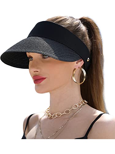 Chapeau de paille anti-UV UPF 50+ pliable pour femme en noir