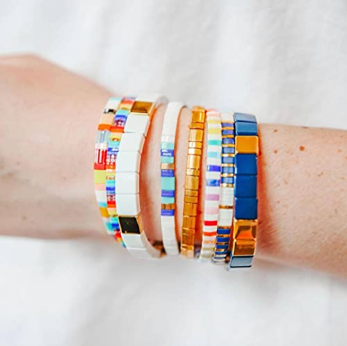 Sonateomber Rainbow White Gold Tila Flat Beads Stretch Strand Bracelet For Women Girls - Trendy Unique Friendship Handmade Mixed Colorful Square Beaded Miyuk Beach Link Bracelets Stack Jewelry Gifts #TOP5
