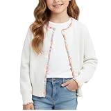 Girls Knit Cardigan – Soft Lightweight Sweater with Rainbow Trim for School or Layering, Beige, 8Y