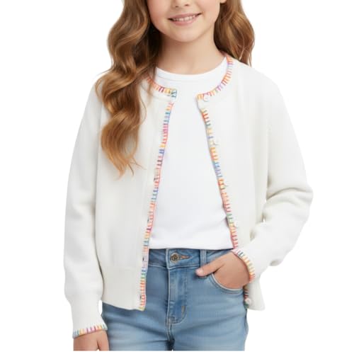 Girls Knit Cardigan – Soft Lightweight Sweater with Rainbow Trim for School or Layering, Beige, 8Y