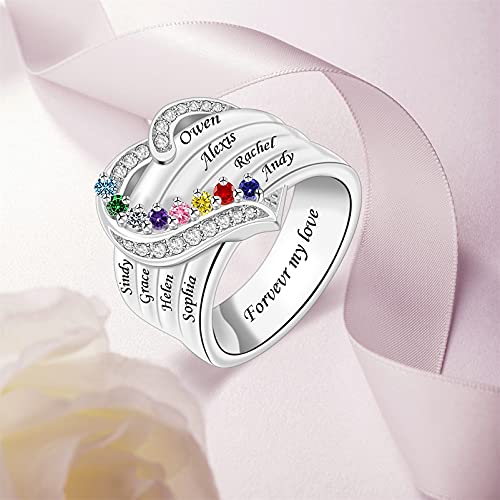 Bauma Auto 925 Sterling Silver Personalized Mother Ring With 1-8 Simulated Birthstones Heart Custom Wedding Family Engraved Name Ring For Mom Women Grandma Her Daughter (8 Stones) #TOP2