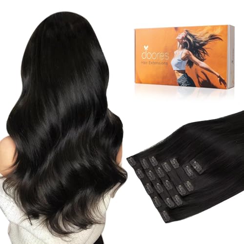 Image of DOORES Real Human Hair Extensions, Natural Black 16 Inch 7 pcs 110g, Seamless Clip in Hair Extensions with Straight Invisi Edge
