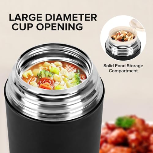 Image of YELONA Insulated Lunch Soup Pot with Folding Spoon & Lid Bowl | 316 Stainless Steel Double Vacuum Food Jar | Leakproof Hot & Cold Food Container for Office & Kids (Black)