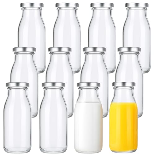saerryor 12 Pack Glass Milk Bottles With Lids 8.5oz/250ml Glass Bottles Shot Bottle For Juice Jam Ginger Oils Liquor Sauces