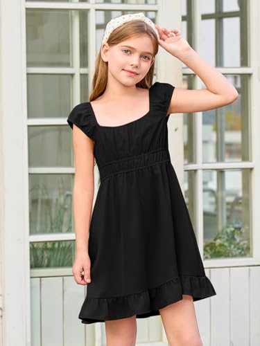 Haloumoning Girls Summer Dresses Kids Cap Sleeve Square Neck Elastic Waist A-Line Flowy Dress 7-14 Years2