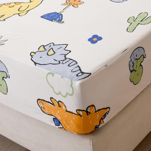 Image of Bedding Fitted Sheet with Deep Pocket,Thicken Printed Fabric Bed Sheets (Colorful Dino, Full)