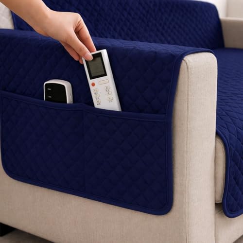 Image of STITCHNEST 'Airsoft Range Series' Solid Quilted Velvet Sofa Cover for 3 Seater | Premium Soft Velvet Sofa Protector | Blue Diamond Quilted Design with Armrest Pockets | Furniture Cover