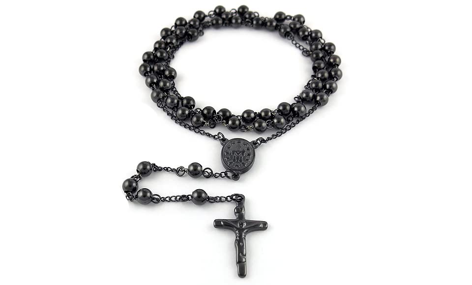 Savlano Stainless Steel Beaded Rosary Cross Necklace –6MM Crucifix Cross Medallion Rosary Chain Y-Necklace for Women & Men Religious Jewelry Comes in Silver, Gold, Rose, Black Color with a Gift Box2