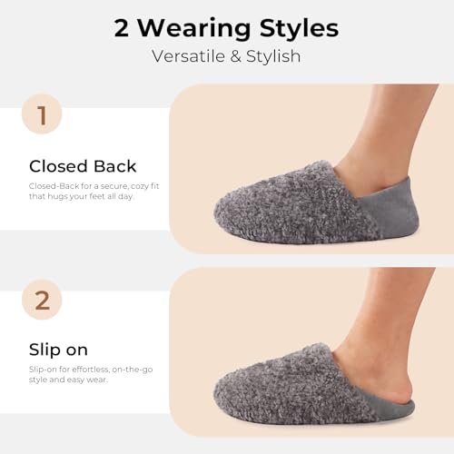 HomeTop Women's Set of 2 Pairs - Curly Teddy Fur Slippers (Size 7-8, Dark Grey) - Plush Collapsible Microsuede Heel Slippers (Size 7-8, Grey)3