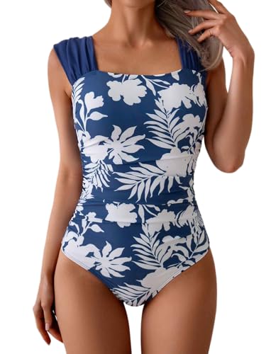 Image of B2prity Womens One Piece Swimsuit Retro Square Neck Tummy Control Bathing Suits Ruched Modest Full Coverage Swimwear