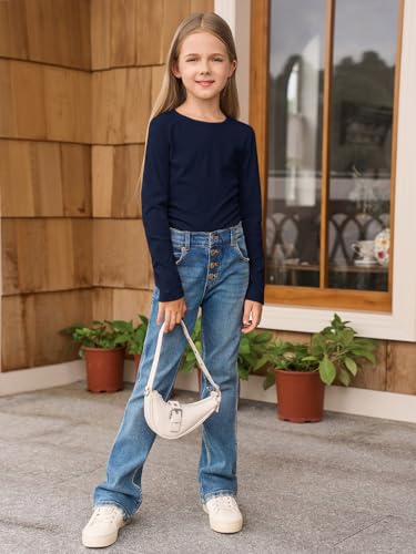 Image of Haloumoning Girls Long Sleeve Shirts Crewneck Ruched Side Slim Fit Tops Ribbed Knit Casual Tee Shirt 4-15 Years