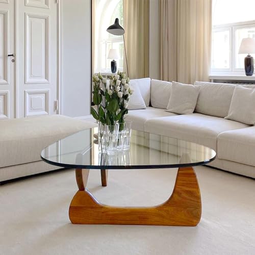 PRITIY Mesa de Centro de Cristal, Mesita de Salón o Comedor, Madera, Moderna Mesa de Salón Mesas de Café Mesa de Cristal Superficie de Vidrio Templado, Coffee Table Walnut + Transparent 91 × 65 ×40cm
