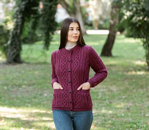 Image of SAOL 100% Merino Wool Ladies Irish Buttons Knit Cardigan Lumber Jacket with Pockets