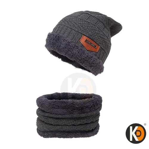 Image of K D Winter Wear 3-in-1 Cap Muffler Gloves Set for Adults | Woolen Beanie cap, Mafler Scarf & Hand Gloves | Thermal, Fleece-Lined, Unisex Winter Accessories (Gloves /cap-Mafler - GRAY)
