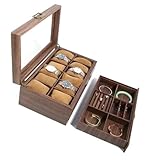 【MATÉRIAUX DE QUALITÉ SUPÉRIEURE】Le modèle Boîte à Montres En Bois est fabriqué en bois massif et recouvert de cuir brun,ce qui protège efficacement la montre contre les rayures.Il est équipé de 12 coussins amovibles adaptés à toutes les tailles de montres disponibles sur le marché.Le couvercle transparent protège non seulement de la poussière,mais vous permet également de voir d'un seul coup d'œil vos précieuses montres dans la pièce !