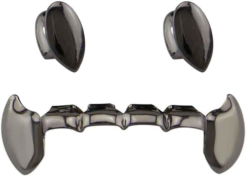18k Gold Plated Grillz Vampire Dracula Teeth Grillz 2pc Single Fangs and 6 Bottom Grillz Set