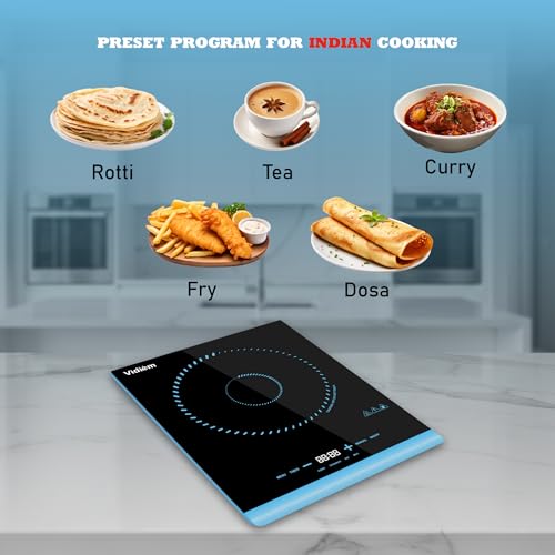 Image of Vidiem Blu 2000W Induction Cooktop for Kitchen | Crystalline Glass Top | 5 Indian Preset Menus | Feather Touch Controls | Intelligent Heat Distribution | 2 Year Warranty