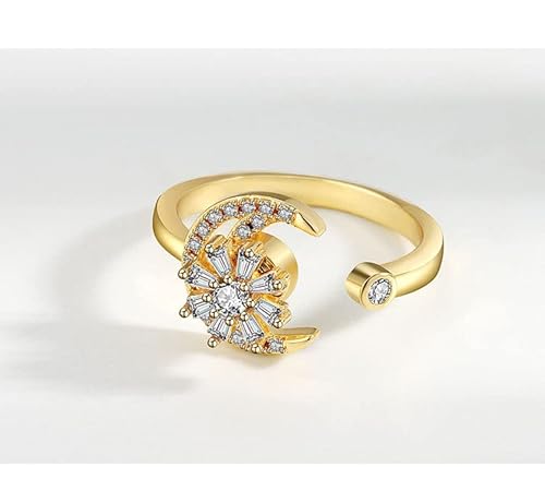 Adjustable Women's Band Birthstone Ring Release Anxiety Open Flower And Bee Spinning Rings Girl's Rotatable Calming Worry Meditation Ring Birthday Christmas Jewelry Gifts For Releasing Anxiety Stress (Moon) #TOP1