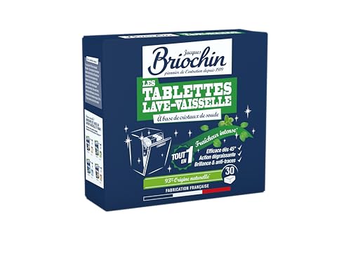 JACQUES BRIOCHIN - 30 tablettes Lave-vaisselle - Parfum Menthe - Action dégraissante, brillance et anti-trace - 93% origine naturelle - Fabrication Française...
