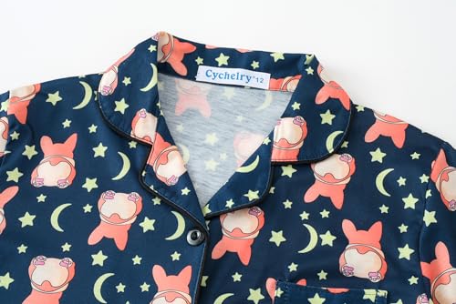 CYCHELRY Big Girls Cartoon Pajamas Set-2PCS Button Down Long Sleeve and Pants Teens PJS Set Size 6-162