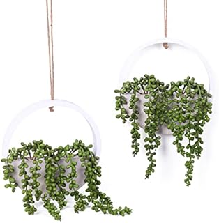 JUSTOYOU 2PC Artificial Succulent Hanging String of Pear Plant Fake Love's Tears Basket Plant for Indoor Outdoor Wedding Party Home Garden Wall Decoration