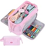 EOOUT Large Pencil Case, Big Capacity Pencil Bag with 3 Compartments, Can Hold 100 Pencils，Aesthetic School Supplies For Girls, Pink (Pink)