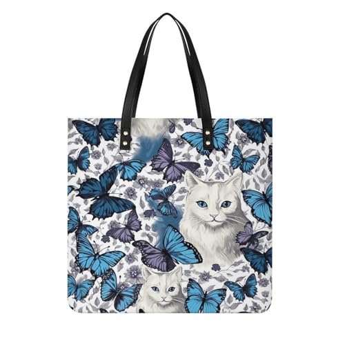 Sac à main papillon bleu et chat en cuir végétalien pour femme