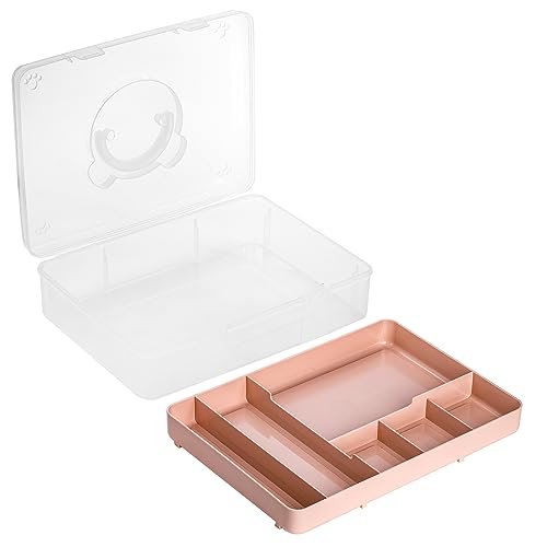 Image of Tosnail 12.8 inch x 9 inch Large 2 Tiers Plastic Craft Organizer Box Storage Container with Removable Tray, First Aid Carrying Case for Home, Office Supplies, Stationery, Sewing, Painting, Arts (Pink)