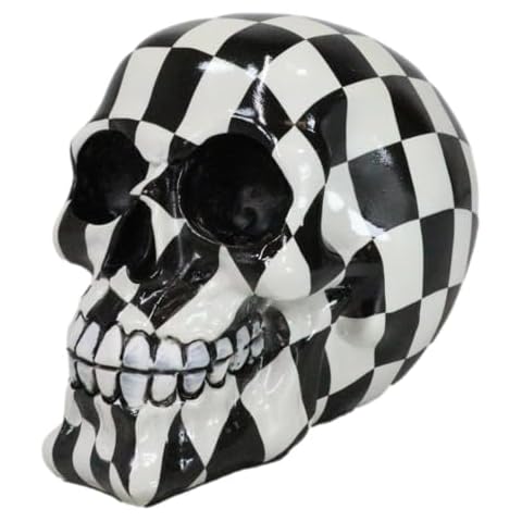 Ebros Gift Day of The Dead Harlequin Black and White Squares Checkered Skull Statue As Decorative Carnival Circus Sugar Skull Halloween Prop Gothic Haunted Themed Figurine Cover