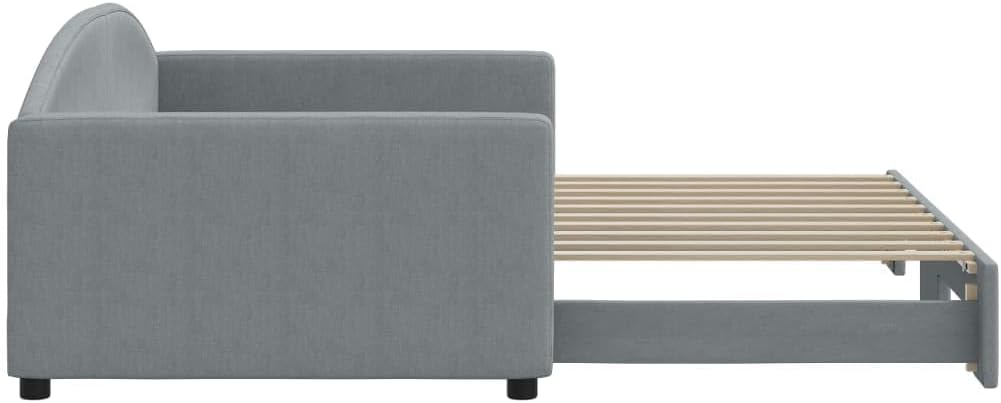 Modern Daybed with Trundle Light Grey Fabric Polyester Sturdy Platform Frame Storage Bedroom Furniture Easy-Assembly Durable Heavy-Duty Foundation No-Box-Spring-Needed