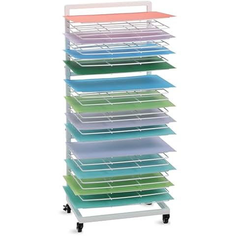 OFFICEROO Art Drying Rack for Classroom - 27 Removable Shelves, Lockable Wheels, Painting Drying Rack for Art Storage in Studio, Schools, Classrooms - White (Base Model + Extension) Cover
