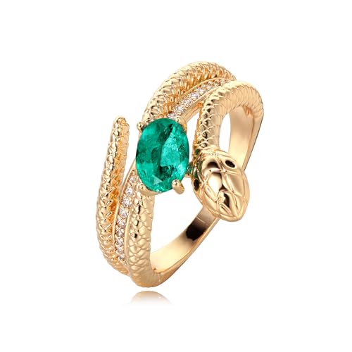 Valloey Rover Emerald Ring-Chunky Gold Rings for Women Non Tarnish 14K Gold Plated Stackable Vintage Snake Green Gemstone Solitaire Rings Statement Wedding Engagement Promise Ring Jewelry Gifts for Women Mom