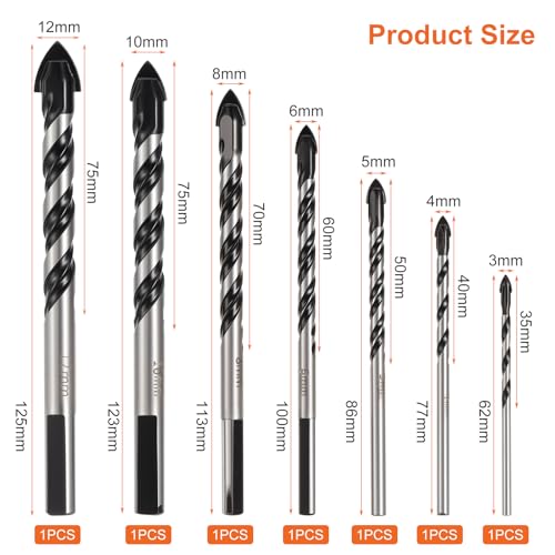 eROOSY 7PCS Ceramic Tile Drill Bits Set 3/4/5/6/8/10/12mm Tungsten Carbide Tip for Tile, Glass, Brick, Timber, Cement, Plastic 2 eROOSY 7PCS Ceramic Tile Drill Bits Set 3/4/5/6/8/10/12mm Tungsten Carbide Tip for Tile, Glass, Brick, Timber, Cement, Plastic - Image 2