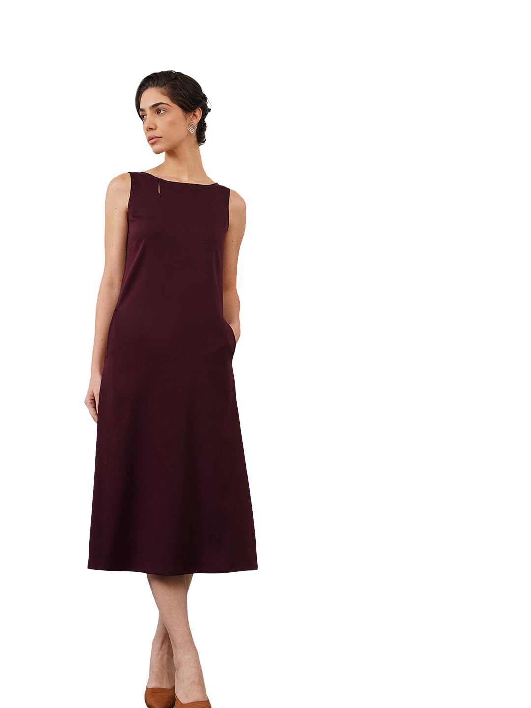 fablestreet Women Formal Dress | Elegant A-Line Fit Sleeveless Boat Neck Solid Color | Premium Stretchable Polymoss Fabric with Keyhole Detail & Pockets for Office & Day-to-Night Wear-picture-11