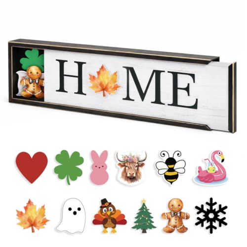 nuvagiki Interchangeable Seasonal Home Sign with 12 Icons Farmhouse Wooden Table Decor Rustic Tiered Tray Decorations for Holidays Spring Summer Fall Christmas Home Decor