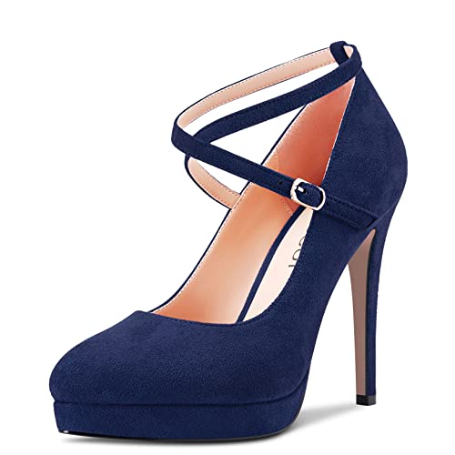 Aachcol Women Pumps Platform Round Toe Ankle Strap Stiletto High Heel Dress Shoes Sandals Wedding Suede 5 Inch