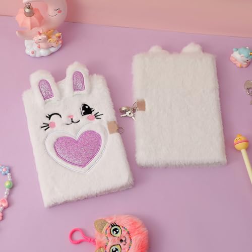 Image of Caviotess Plush Bunny Secret Diary with Lock and Key, Cute Glitter Locking Journal Writing Drawing Notepad for Girls Kids (160 Pages)