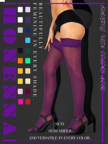 Image of HONENNA Semi Sheer Stay Up Lingerie Thigh High Stockings Lace Top Size A-F