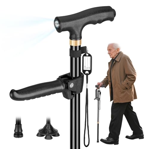 Bastón ajustable con doble asa, para hombres y mujeres mayores, con cuatro patas giratorias y base individual con tabla antiperdedores