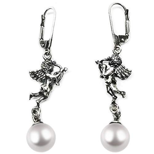 PENDIENTES ANGELES DE CUPIDO DE Plata 925 con PERLAS, CIERRE DE GANCHO, con CAJA DE REGALO más PAÑAL para pulir