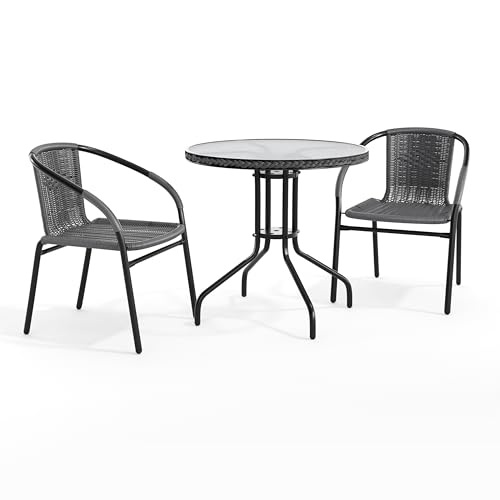 Flash Furniture 3-Piece Patio Dining Set with Round Glass Metal Table and 2 Stackable Rattan Chairs, Indoor/Outdoor Bistro Table and Chairs Set, Gray